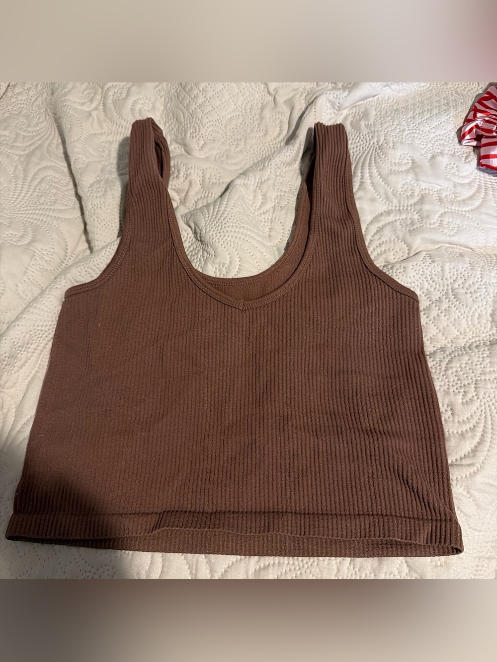 Ribbed Scoop Neck Crop Tank Top - Brown